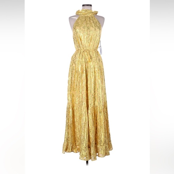 NWT Saylor Alexi Halter tie neck Gold Shiny Gown dress Medium - Picture 4 of 16